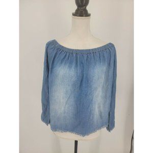 Cloth & Stone Chambray Off Shoulder Tencel Lyocell Top 3/4 Sleeves Raw Hem Small